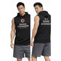 Black sleeveless hoodie with 'Game Changer Universe' text worn by a person on a white background
